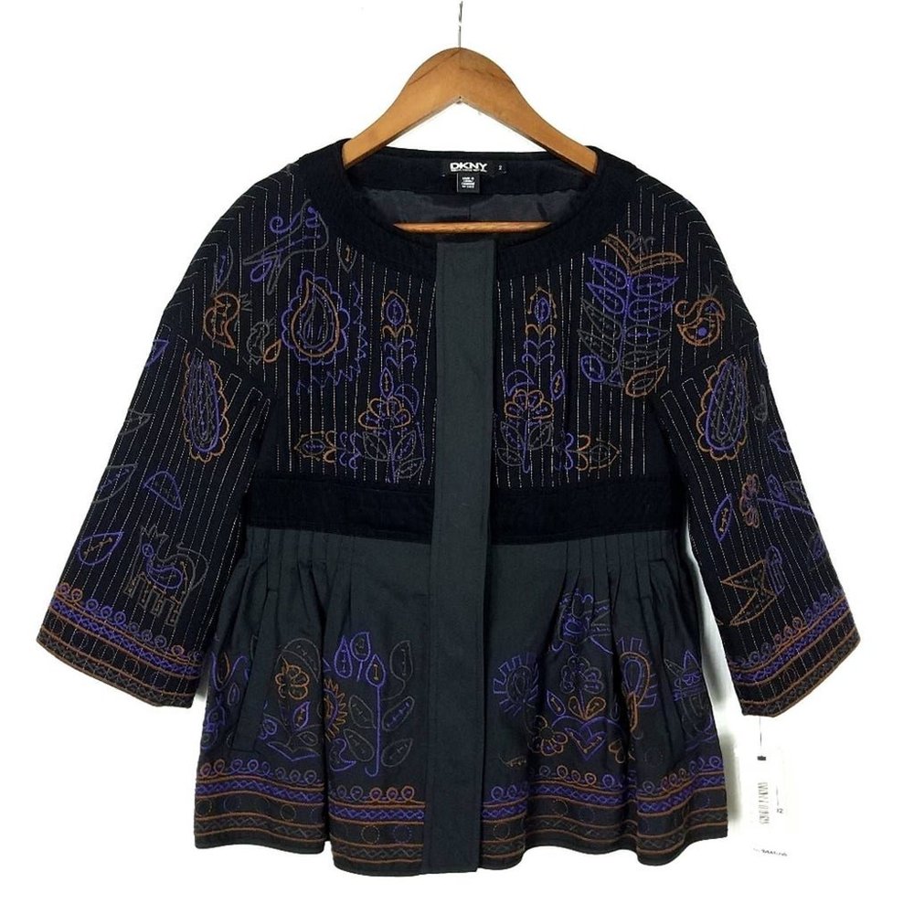 DKNY Collarless Black Embroidered Peplum Jacket Blazer - Size 8